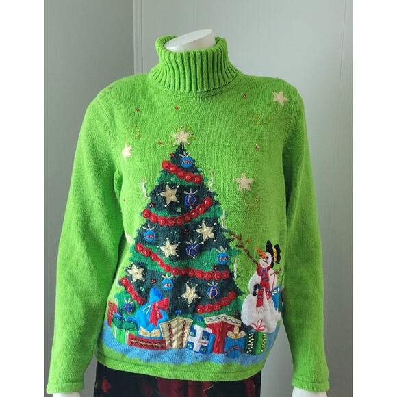 Tiara International Christmas Collection Tree Snowman Holiday Sweater Green Sz M - Picture 1 of 8